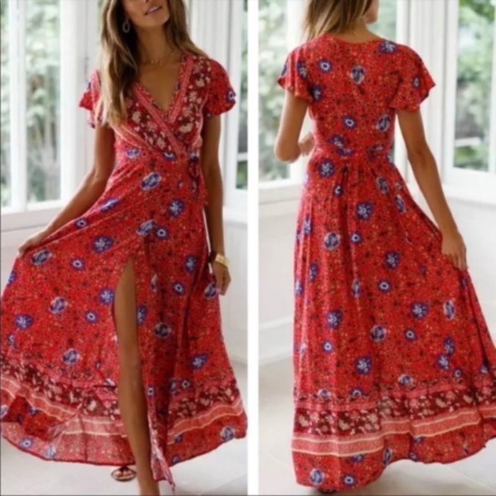 BOHO gypsy FLORAL Print red maxi kimono dress - Picture 2 of 6